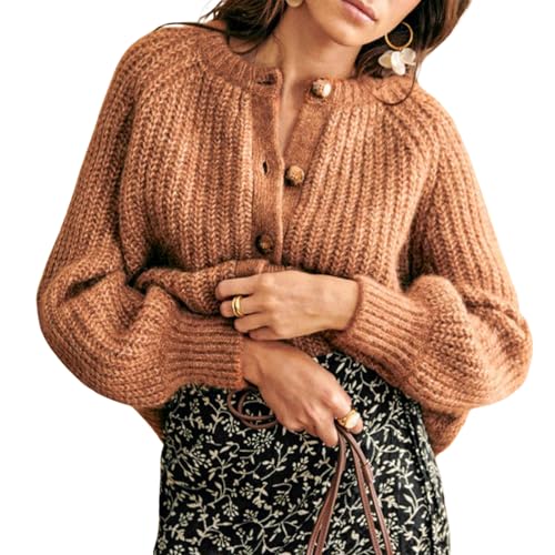 Geagodelia Damen Strickjacke Grobstrick Elegante Langarm Cropped Cardigan Pullover Strickpullover Strickweste Winterpullover Y2k Sweater Pulli Knitted Top Herbst Winter (Khaki, XL) von Geagodelia