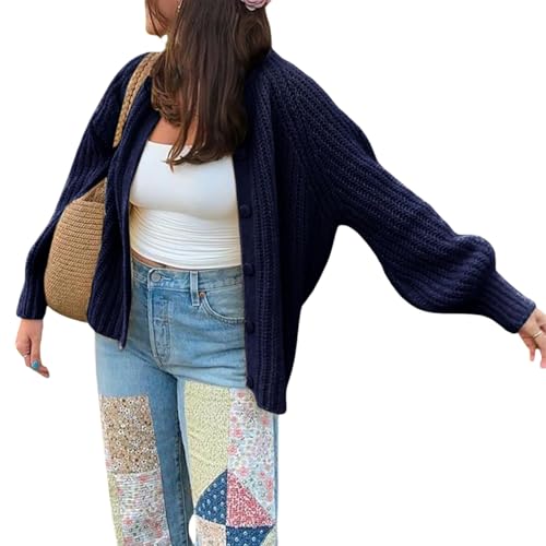 Geagodelia Damen Strickjacke Grobstrick Elegante Langarm Cropped Cardigan Pullover Strickpullover Strickweste Winterpullover Y2k Sweater Pulli Knitted Top Herbst Winter (Navy, M) von Geagodelia