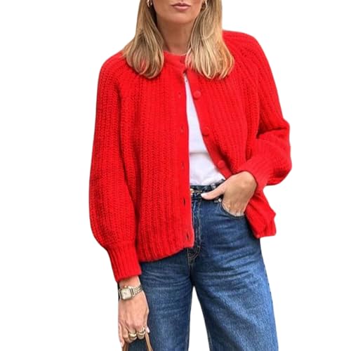 Geagodelia Damen Strickjacke Grobstrick Elegante Langarm Cropped Cardigan Pullover Strickpullover Strickweste Winterpullover Y2k Sweater Pulli Knitted Top Herbst Winter (Rot, S) von Geagodelia