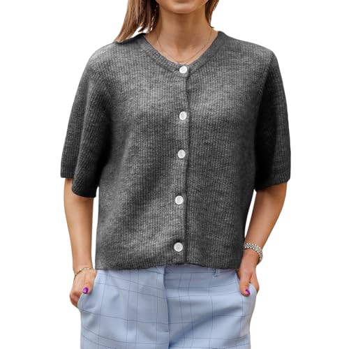 Geagodelia Damen Strickjacke Kurz Elegante Kurzarm Strick Cropped Cardigan Pullover Strickpullover Strickweste Y2k Sweater Knitted Top Herbst Frühling (A - Dunkelgrau, XL) von Geagodelia