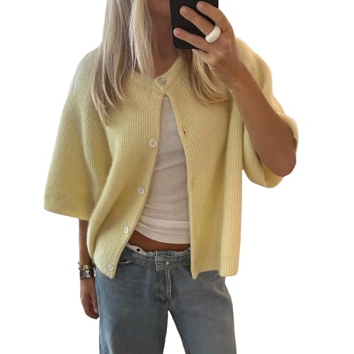 Geagodelia Damen Strickjacke Kurz Elegante Kurzarm Strick Cropped Cardigan Pullover Strickpullover Strickweste Y2k Sweater Knitted Top Herbst Frühling (A - Gelb, XL) von Geagodelia