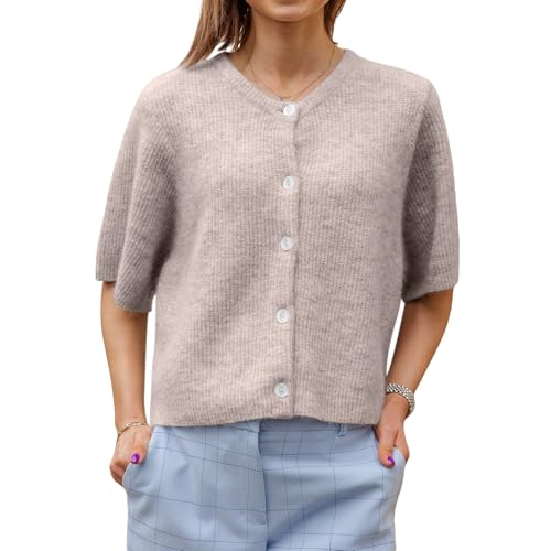 Geagodelia Damen Strickjacke Kurz Elegante Kurzarm Strick Cropped Cardigan Pullover Strickpullover Strickweste Y2k Sweater Knitted Top Herbst Frühling (A - Hellbraun, XL) von Geagodelia