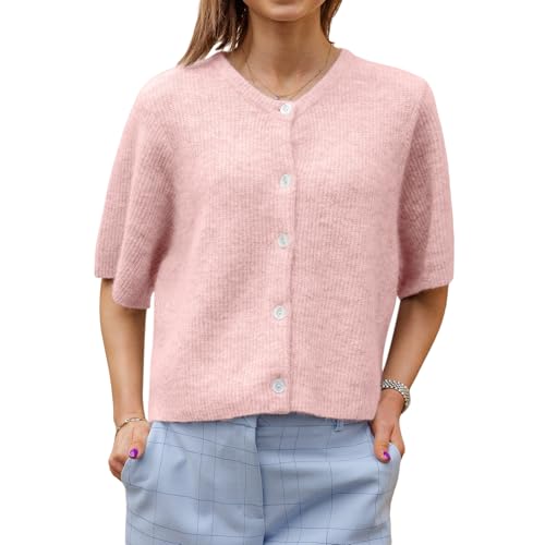 Geagodelia Damen Strickjacke Kurz Elegante Kurzarm Strick Cropped Cardigan Pullover Strickpullover Strickweste Y2k Sweater Knitted Top Herbst Frühling (A - Pink, M) von Geagodelia