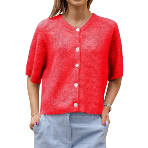 Geagodelia Damen Strickjacke Kurz Elegante Kurzarm Strick Cropped Cardigan Pullover Strickpullover Strickweste Y2k Sweater Knitted Top Herbst Frühling (A - Rot, XL) von Geagodelia