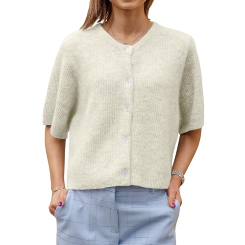 Geagodelia Damen Strickjacke Kurz Elegante Kurzarm Strick Cropped Cardigan Pullover Strickpullover Strickweste Y2k Sweater Knitted Top Herbst Frühling (A - Weiß, XL) von Geagodelia