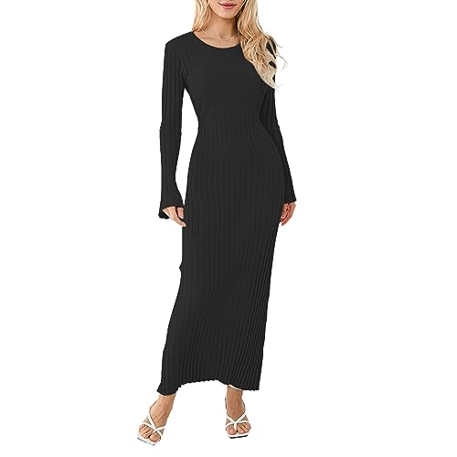Geagodelia Damen Strickkleid Langes Kleid Damen Elegant Langarm Rundhals gerippt Slim Kleid Einfarbig für Herbst Winter, Schwarz , M von Geagodelia
