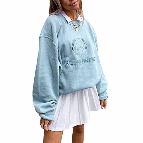 Geagodelia Damen Sweatshirt Ohne Kapuze Vintage Langarmshirt Elegant Lang Pullover Pulli Y2K Fashion Aesthetic Top für Teenager Mädchen Frühling Herbst (Blau 83, M) von Geagodelia