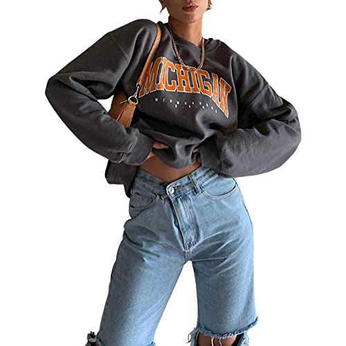 Geagodelia Damen Sweatshirt Ohne Kapuze Vintage Langarmshirt Elegant Lang Pullover Pulli Y2K Fashion Aesthetic Top für Teenager Mädchen Frühling Herbst (Grau 84, L) von Geagodelia