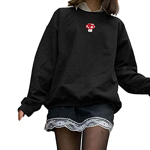 Geagodelia Damen Sweatshirt Ohne Kapuze Vintage Langarmshirt Elegant Lang Pullover Pulli Y2K Fashion Aesthetic Top für Teenager Mädchen Frühling Herbst (Schwarz 63, S) von Geagodelia