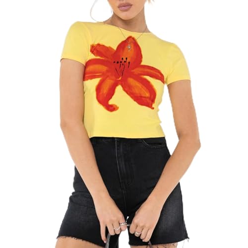 Geagodelia Damen T-Shirt Baby Tees Basic Kurzarm Aufdruck Tshirt Elegant Oberteil Sommer Crop Top Outfit Y2k Aesthetic Clothes Streetwear Weiss (Gelb 03 - Blumen, M) von Geagodelia