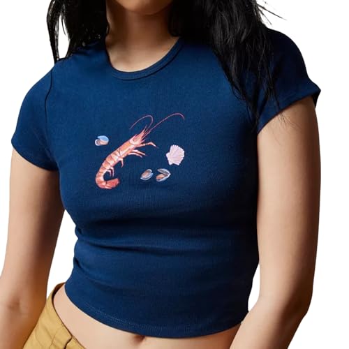 Geagodelia Damen T-Shirt Basic Kurzarm Aufdruck Tshirt Elegant Oberteil Sommer Crop Top Y2k Aesthetic Clothes Outfit Baby Tees Skims Dupe Weiss (B Navy - Garnele, L) von Geagodelia