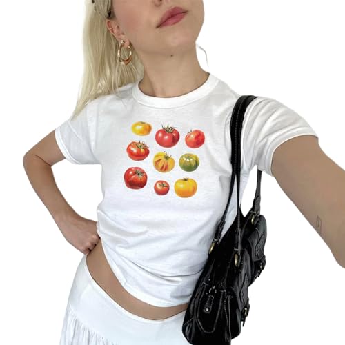 Geagodelia Damen T-Shirt Basic Kurzarm Aufdruck Tshirt Elegant Oberteil Sommer Crop Top Y2k Aesthetic Clothes Outfit Baby Tees Skims Dupe Weiss (D Weiß - Tomate, S) von Geagodelia