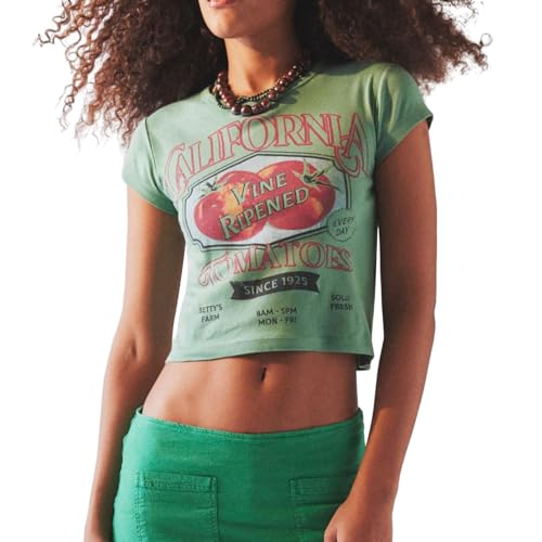 Geagodelia Damen T-Shirt Basic Kurzarm Aufdruck Tshirt Elegant Oberteil Sommer Crop Top Y2k Aesthetic Clothes Outfit Baby Tees Skims Dupe Weiss (E Grün - Tomate, M) von Geagodelia