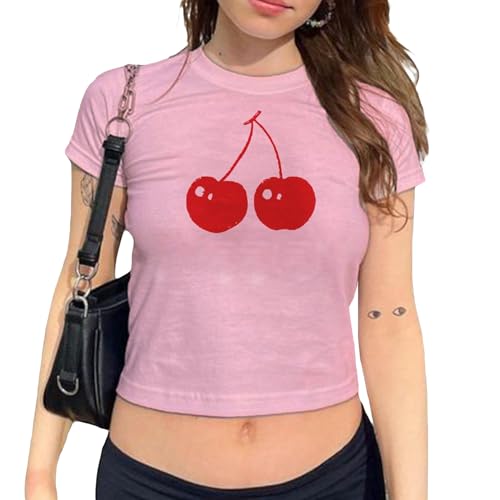 Geagodelia Damen T-Shirt Basic Kurzarm Aufdruck Tshirt Elegant Oberteil Sommer Crop Top Y2k Aesthetic Clothes Outfit Baby Tees Skims Dupe Weiss (F Pink - Kirsche, S) von Geagodelia