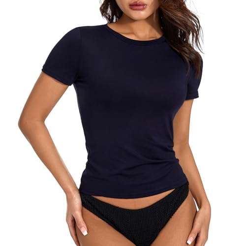 Geagodelia Damen T-Shirt Basic Kurzarm Oberteil Y2k Fashion Crop Top Skims Tshirt Baby Tees Sommer Clothes Outfit Aesthetic (A - Navy, M) von Geagodelia