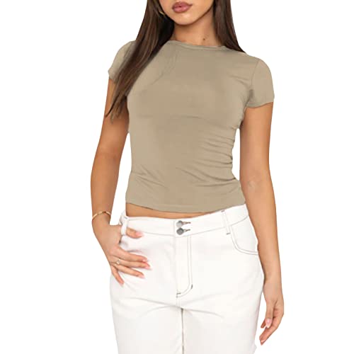 Geagodelia Damen T-Shirt Basic Kurzarm Oberteil Y2k Fashion Top Skims Sommer Clothes Outfit Aesthetic (A - Khaki, L) von Geagodelia