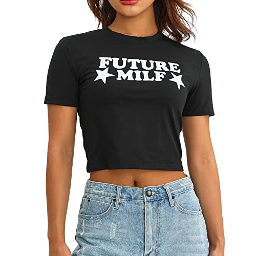 Geagodelia Damen T-Shirt Kurzarm Oberteil mit Lustige Worte Y2k Fashion Crop Top Sommer Aesthetic Clothes Outfit Skims Dupes (C - Schwarz, S) von Geagodelia