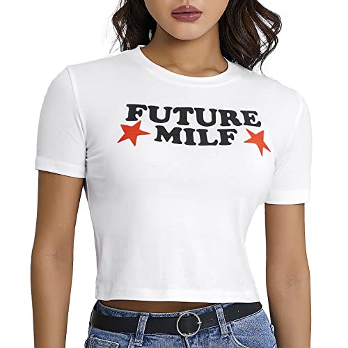 Geagodelia Damen T-Shirt Kurzarm Oberteil mit Lustige Worte Y2k Fashion Crop Top Sommer Aesthetic Clothes Outfit Skims Dupes (C - Weiß, S) von Geagodelia