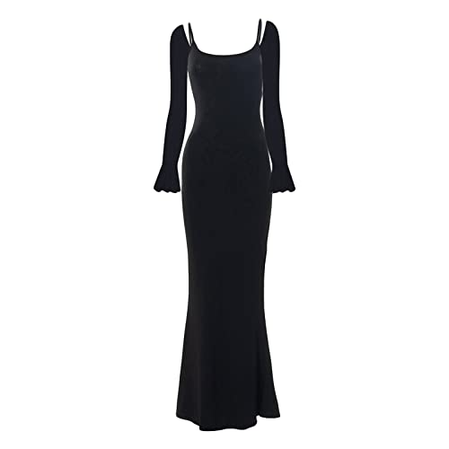 Geagodelia Maxi-Kleid für Damen, lang, mit Spaghettiträgern, schmal, figurbetont, Stretch, lässig, Abendkleid, Cocktailkleid, Schwarz B, Small von Geagodelia