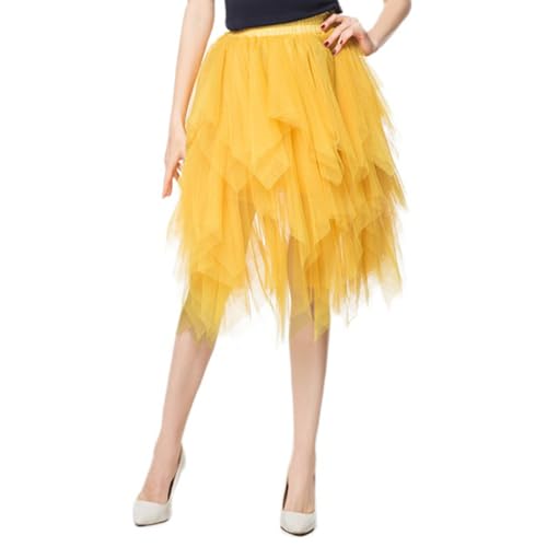 Geagodelia Damen Tüllrock Knielang Elegant Unterrock Midirock Vintage Tütü Tutu Rüschen Tüll Midi Rock Sommerrock Halloween Karneval Fasching F-76541 (Gelb, XL) von Geagodelia