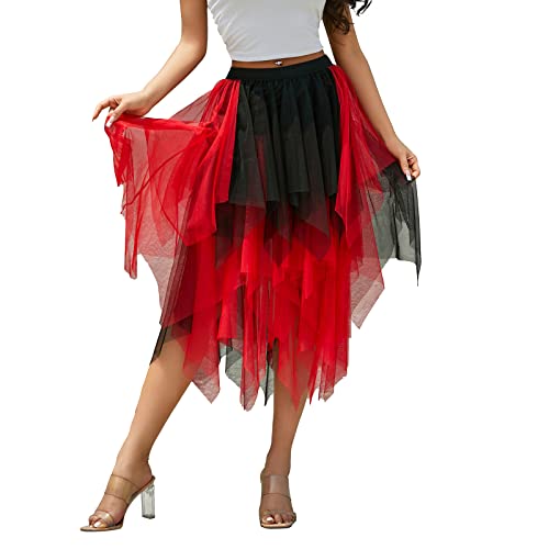Geagodelia Damen Tüllrock Knielang Elegant Unterrock Midirock Vintage Tütü Tutu Rüschen Tüll Midi Rock Sommerrock Halloween Karneval Fasching F-76541 (Rot & Schwarz, L) von Geagodelia