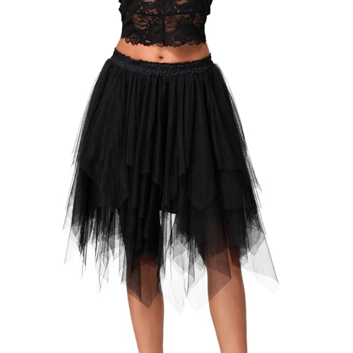 Geagodelia Damen Tüllrock Knielang Elegant Unterrock Midirock Vintage Tütü Tutu Rüschen Tüll Midi Rock Sommerrock Halloween Karneval Fasching F-76541 (Schwarz, M) von Geagodelia