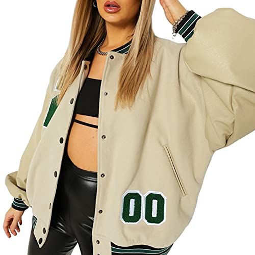 Geagodelia Damen Vintage College Jacke Sweatjacke Baseball Jacke Übergangsjacke Oversize Sweatshirt mit Knopf Y2K Fashion Top Frühling Herbst (Beige, L) von Geagodelia