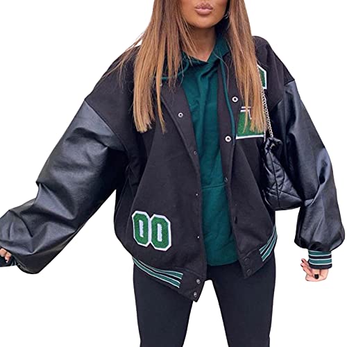 Geagodelia Damen Vintage College Jacke Sweatjacke Baseball Jacke Übergangsjacke Oversize Sweatshirt mit Knopf Y2K Fashion Top Frühling Herbst (Schwarz, S) von Geagodelia