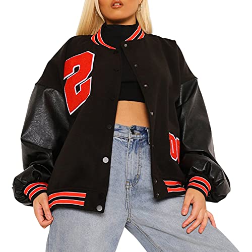 Geagodelia Damen Vintage College Jacke Sweatjacke Baseball Jacke Übergangsjacke Oversize Sweatshirt mit Knopf Y2K Fashion Top Frühling Herbst (Schwarz & Rot, L) von Geagodelia