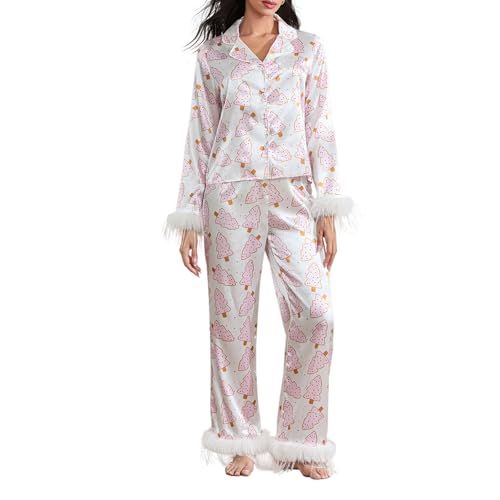 Geagodelia Damen Weihnachts Schlafanzug Lounge Pyjama Set Weihnachten Pyjamahose + Pyjama-Oberteile Lange Hausanzug Zweiteiler Nachtwäsche Loungewear Herbst Winter Pjs (A - Weiß Weihnachtsbaum, M) von Geagodelia