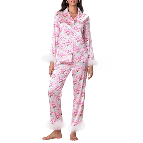 Geagodelia Damen Weihnachts Schlafanzug Lounge Pyjama Set Weihnachten Pyjamahose + Pyjama-Oberteile Lange Hausanzug Zweiteiler Nachtwäsche Loungewear Herbst Winter Pjs (B - Pink Weihnachtsmann, M) von Geagodelia