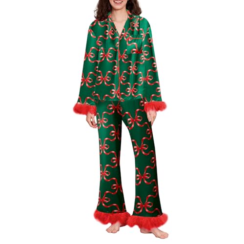Geagodelia Damen Weihnachts Schlafanzug Lounge Pyjama Set Weihnachten Pyjamahose + Pyjama-Oberteile Lange Hausanzug Zweiteiler Nachtwäsche Loungewear Herbst Winter Pjs (C - Grün & Rot Bogen, XL) von Geagodelia