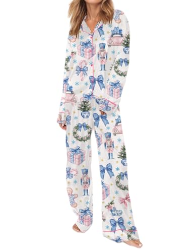 Geagodelia Damen Weihnachts Schlafanzug Pyjama Set Lange Weihnachten Lounge Loungewear Hausanzug Pyjamahose + Pyjama-Oberteile Zweiteiler Nachtwäsche Herbst Winter Pjs (B - Blau, M) von Geagodelia