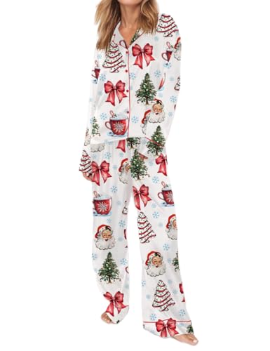 Geagodelia Damen Weihnachts Schlafanzug Pyjama Set Lange Weihnachten Lounge Loungewear Hausanzug Pyjamahose + Pyjama-Oberteile Zweiteiler Nachtwäsche Herbst Winter Pjs (B - Bunt Weihnachtsdeko, M) von Geagodelia