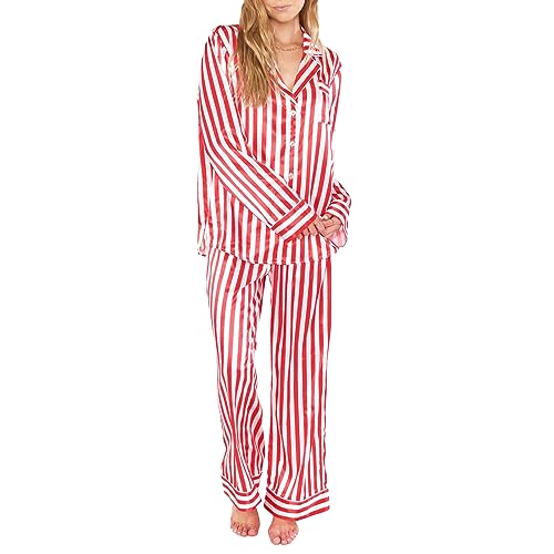 Geagodelia Damen Weihnachtspyjama Set Gestreift Hose und Langarm Top Oberteil Satin Zweiteiler Lounge Set Lang Schlafanzug Matching Loungewear Pyjamas Locker Herbst Winter Nachtwäsche (Rot, L) von Geagodelia