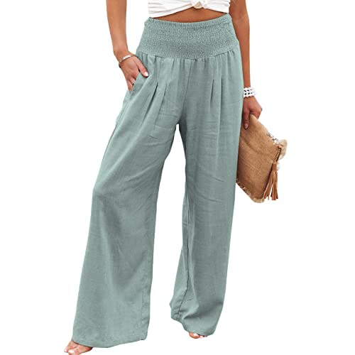 Geagodelia Damen Weite Palazzo Hose Luftige Leichte Sommerhose Leinenhose High Waist Culotte Freizeithose Baggy Haremshose Sommer (Hellgrün, M) von Geagodelia
