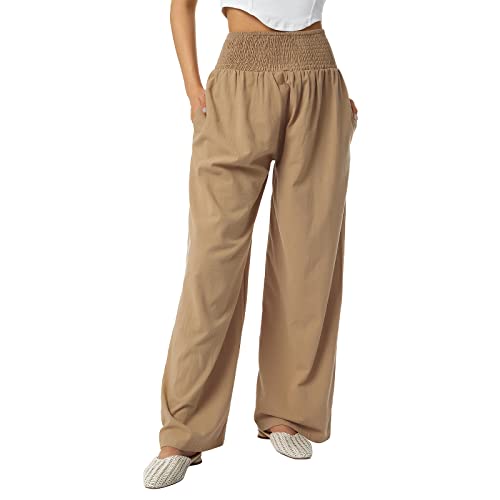 Geagodelia Damen Weite Palazzo Hose Luftige Leichte Sommerhose Leinenhose High Waist Culotte Freizeithose Baggy Haremshose Sommer (Khaki, S) von Geagodelia