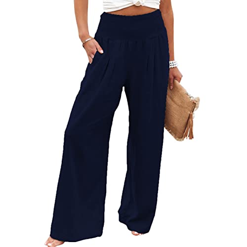 Geagodelia Damen Weite Palazzo Hose Luftige Leichte Sommerhose Leinenhose High Waist Culotte Freizeithose Baggy Haremshose Sommer (Navy, M) von Geagodelia