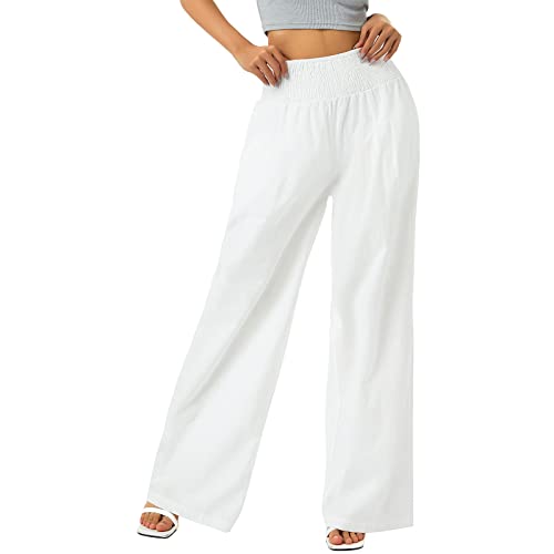 Geagodelia Damen Weite Palazzo Hose Luftige Leichte Sommerhose Leinenhose High Waist Culotte Freizeithose Baggy Haremshose Sommer (Weiß, L) von Geagodelia