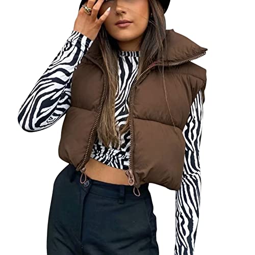 Geagodelia Damen Weste Kurz Puffer Ärmellose Steppweste Daunenweste Elegant Leichte Jacke Steppjacke Oberteile Outdoor Winter Herbst (Braun, M) von Geagodelia