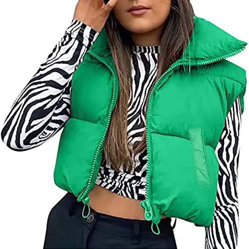 Geagodelia Damen Weste Kurz Puffer Ärmellose Steppweste Daunenweste Elegant Leichte Jacke Steppjacke Oberteile Outdoor Winter Herbst (Grün mit Taschen, XL) von Geagodelia