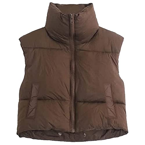 Geagodelia Damen Weste Kurz Puffer Ärmellose Steppweste Daunenweste Elegant Leichte Jacke Steppjacke Oberteile Outdoor Winter Herbst (Kaffee mit Taschen, L) von Geagodelia