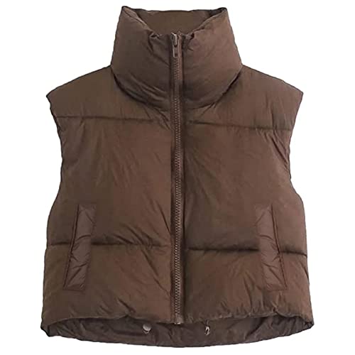 Geagodelia Damen Weste Kurz Puffer Ärmellose Steppweste Daunenweste Elegant Leichte Jacke Steppjacke Oberteile Outdoor Winter Herbst (Kaffee mit Taschen, M) von Geagodelia