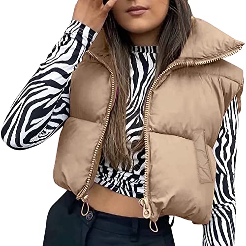 Geagodelia Damen Weste Kurz Puffer Ärmellose Steppweste Daunenweste Elegant Leichte Jacke Steppjacke Oberteile Outdoor Winter Herbst (Khaki mit Taschen, M) von Geagodelia