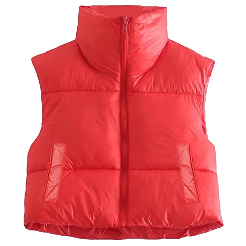 Geagodelia Damen Weste Kurz Puffer Ärmellose Steppweste Daunenweste Elegant Leichte Jacke Steppjacke Oberteile Outdoor Winter Herbst (Rot mit Taschen, L) von Geagodelia