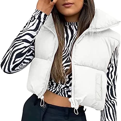 Geagodelia Damen Weste Kurz Puffer Ärmellose Steppweste Daunenweste Elegant Leichte Jacke Steppjacke Oberteile Outdoor Winter Herbst (Weiß mit Taschen, L) von Geagodelia