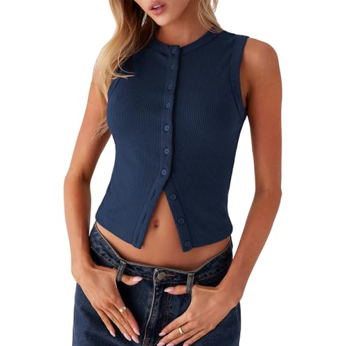 Geagodelia Damen Weste Tank Top Sommer Ribbed Button Down Trägertop Sexy Ärmellose Trägershirt Oberteil Y2k Aesthetic Clothes Outfit Going Out Camisole Crop Tops (Navy, M) von Geagodelia
