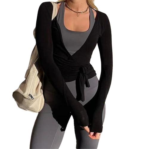 Geagodelia Damen Wickeloberteil Wickelshirt für Ballett Yoga Pilates Elegante Langarmshirt Longsleeve Binden Vorne Oberteil Wrap Top Wickeltop Langarm Bluse Sommer Outfit (A - Schwarz, S) von Geagodelia