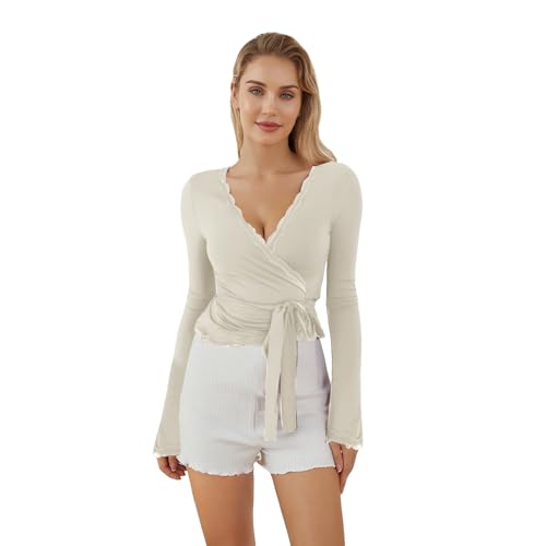Geagodelia Damen Wickeloberteil Wickelshirt für Ballett Yoga Pilates Elegante Langarmshirt Longsleeve Binden Vorne Oberteil Wrap Top Wickeltop Langarm Bluse Sommer Outfit (B - Weiß, S) von Geagodelia