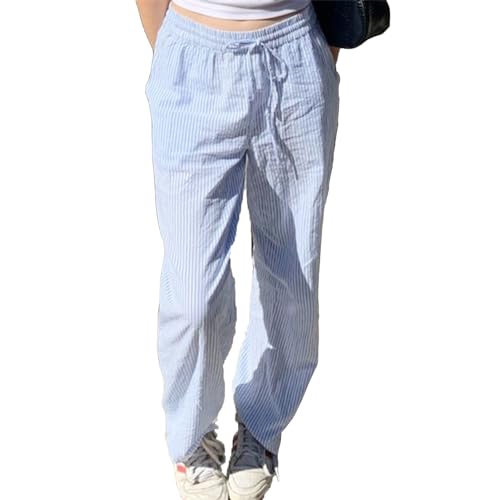 Geagodelia Damen Y2K Gestreifte Hose Sommer Leicht und Luftig Sommerhose Lockere Bequeme High Waist Freizeithose mit Taschen Casual Lange Pyjama Hose (Streifen Hellblau, L) von Geagodelia
